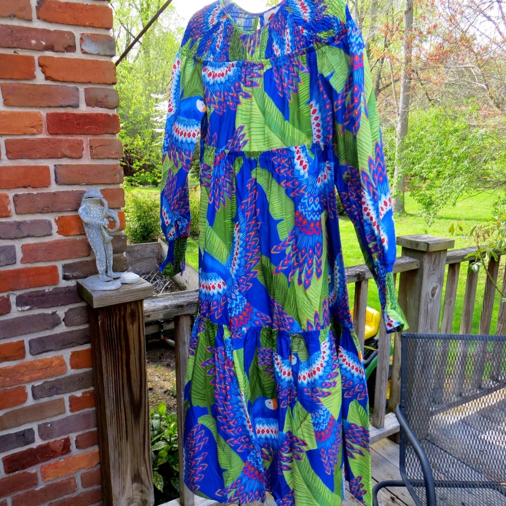 Farm Rio "Blue Macaw" tiered dress, NEW with TAGS, sz. S